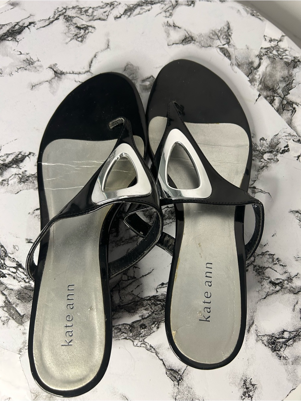 Black Patent Thong Sandals with Silver Accent